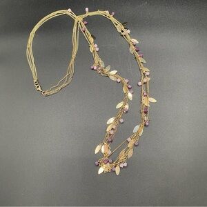 Pretty Dainty Multistrand Necklace with Gold Tone Leaves and Purple Square Beads